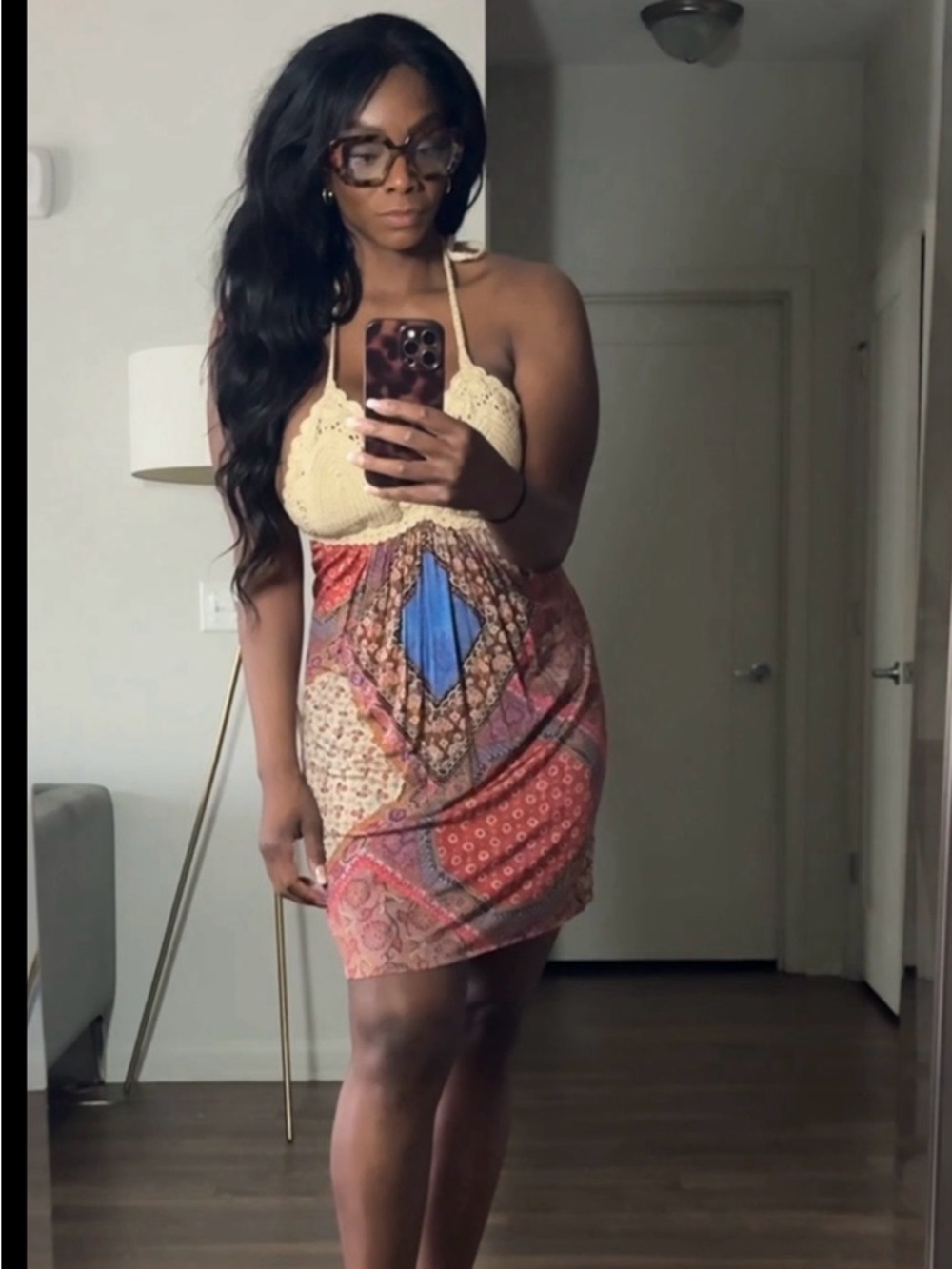 Sky Beige Crochet Halter Mini Skirt with Multicolor Patchwork